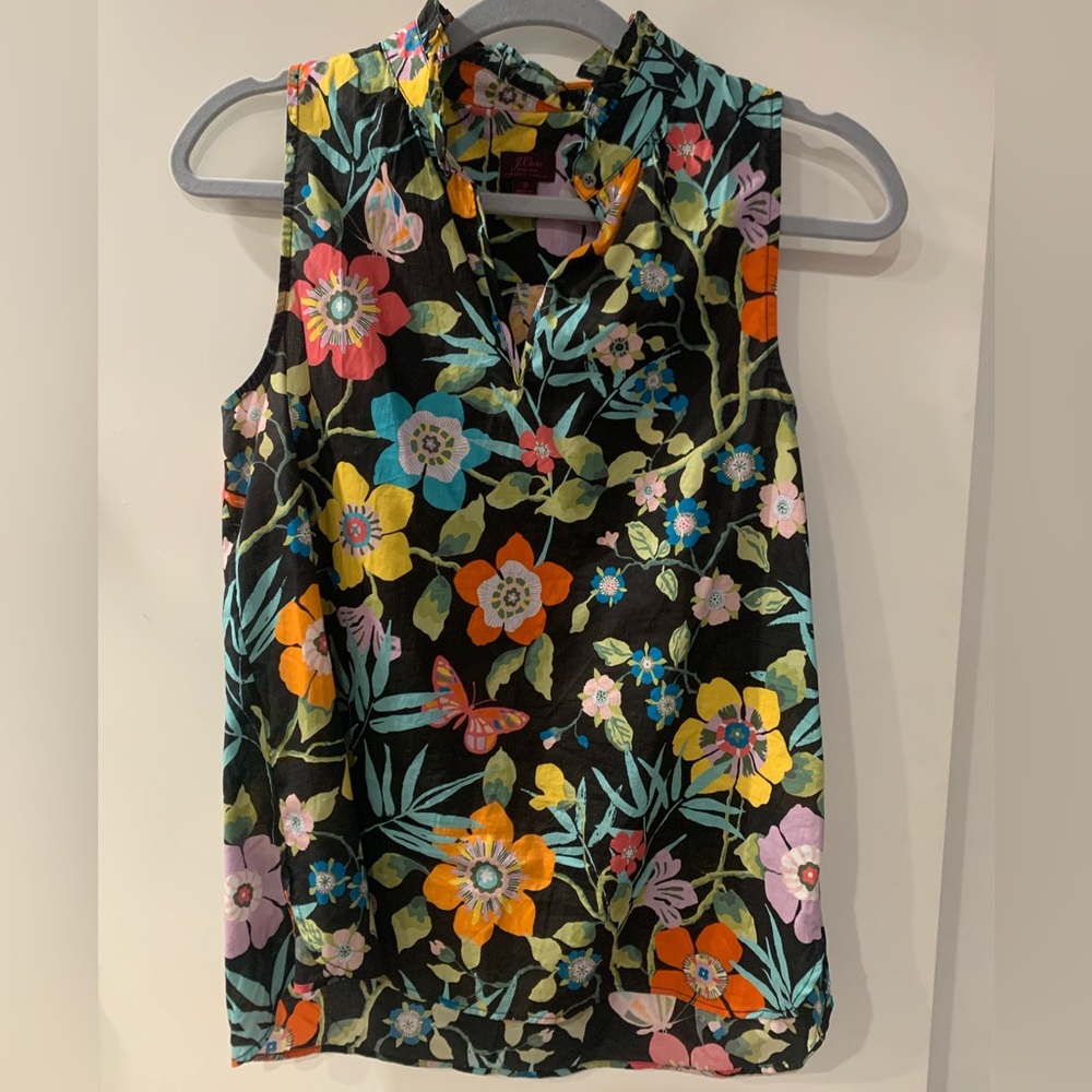 J. Crew Black Floral Sleeveless Blouse with Multicolor Flowers